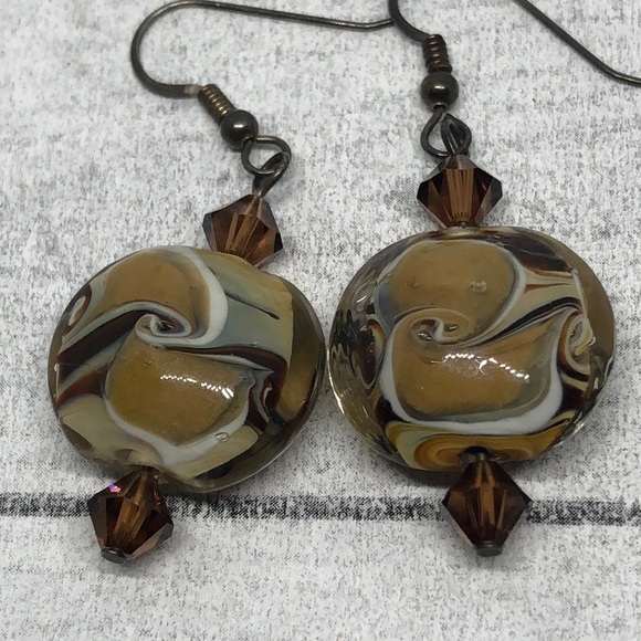 Sterling silver marbled murano style art glass bead earrings statement dangle. - Picture 3 of 5